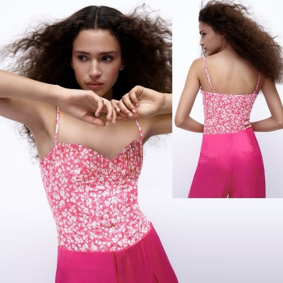 Zara Pink Floral Corset Bustier Bodysuit Blogger Favorite Spring Preppy M NWT - Picture 8 of 8